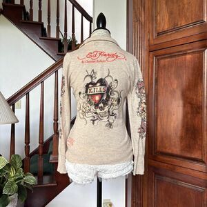 Ed Hardy Vintage Beige Multi Color Skull Heart Tattoo Graphic Sweater Zip Up